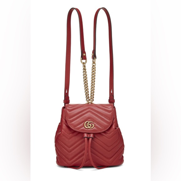 Gucci Calfskin Matelasse GG Marmont Flap Backpack Hibiscus Red Mini - Picture 1 of 16
